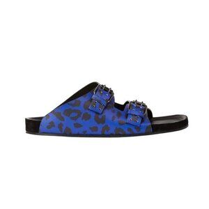Blue Leopard-Print Leather Sandals With Adjustable Buckles & Stud Details By The
